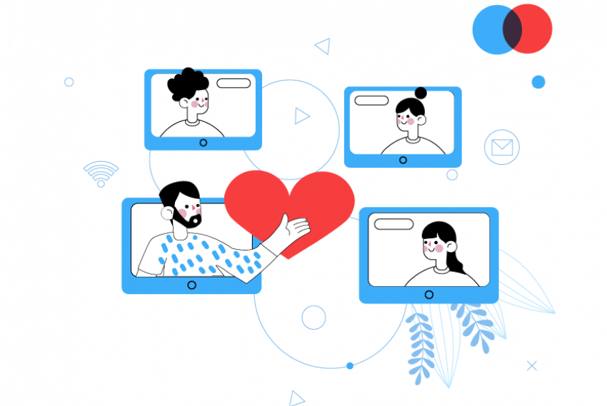 Ilustración personas en pantallas con corazón en el centro