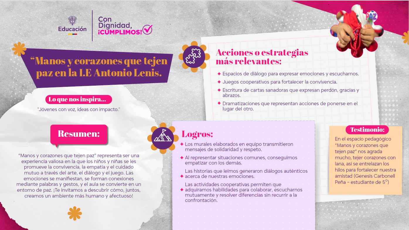 Manitos y corazones que tejen paz en la I.E Antonio Lenis