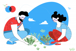Ilustración dos personas sembrando plantas