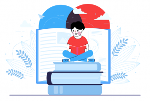 Ilustración niño sobre pila de libros leyendo libro abierto