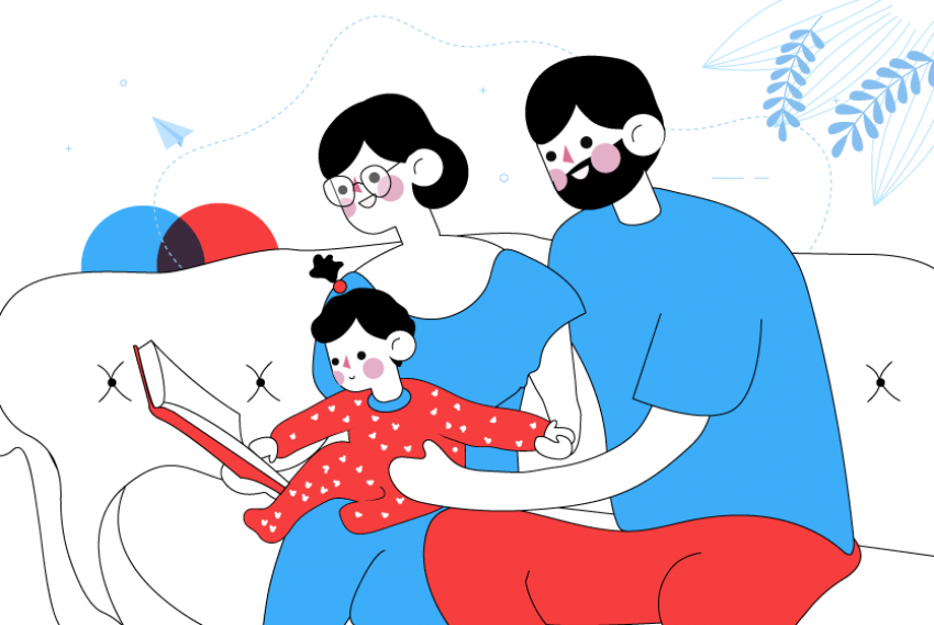 Ilustración familia enseñando a un niño