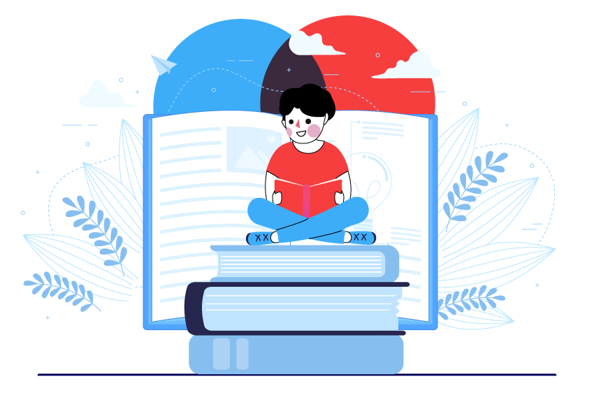 Ilustración niño sobre pila de libros leyendo libro abierto