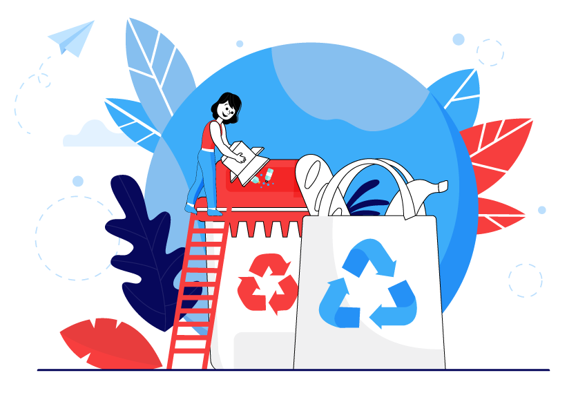 Ilustración estudiantes reciclando