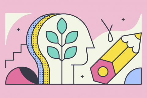 Dibujo de cabeza con una rama de cinco hojas azules y por fuera un lápiz