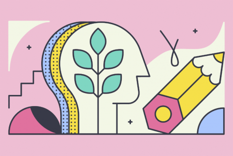 imagen en fondo color lila que muestra la figura de la cabeza de una persona con una rama en la boca. Hay un lápiz al lado