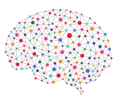 Ilustración de una red de puntos de colores interconectados que se unen formando al silueta de un cerebro 