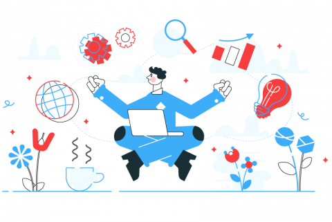 Ilustración joven con computador y acceso a alternativas