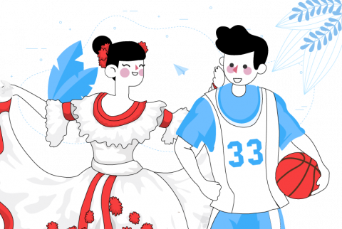 Pareja de estudiantes bailarina y deportista