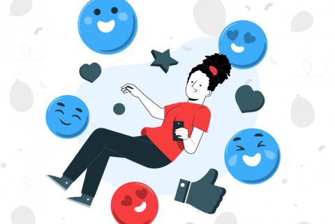 Ilustración persona rodeada de caras felices (bienestar)