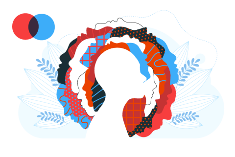 Imagen compuesta por silueta de varias caras superpuestas en rojo, azul, y puntos