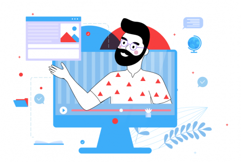 hombre en pantalla de computador mostrando recursos de apoyo