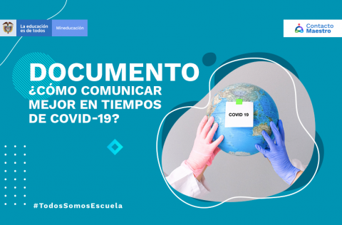 globo terraqueo sostenido por dos manos con guantes y un letrero que dice Covid-19