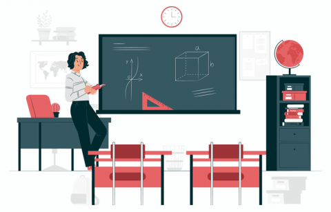 docente leyendo en un salón de clases sin estudiantes