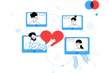 Ilustración personas en pantallas con corazón en el centro