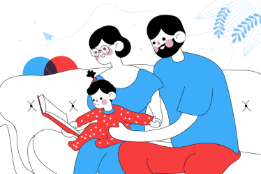 Ilustración padres e hijos leyendo un libro