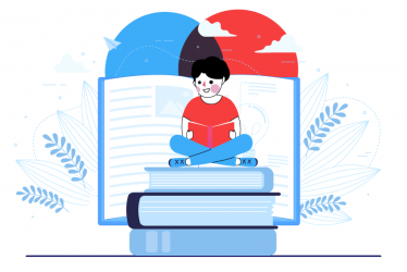 Ilustración niño leyendo sentado sobre libros
